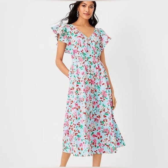NWOT Ann Taylor Red Floral Aqua Blue V-neck Flutter Sleeve Cotton Midi Dress 12 - Picture 2 of 12